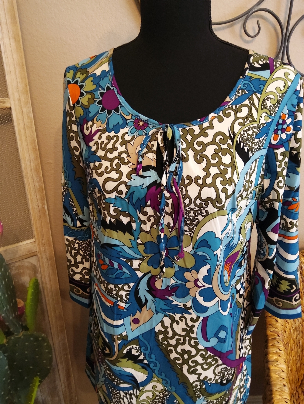 Nicole Blue Multi-Print Tie-Neck Tunic - Picture 2 of 9